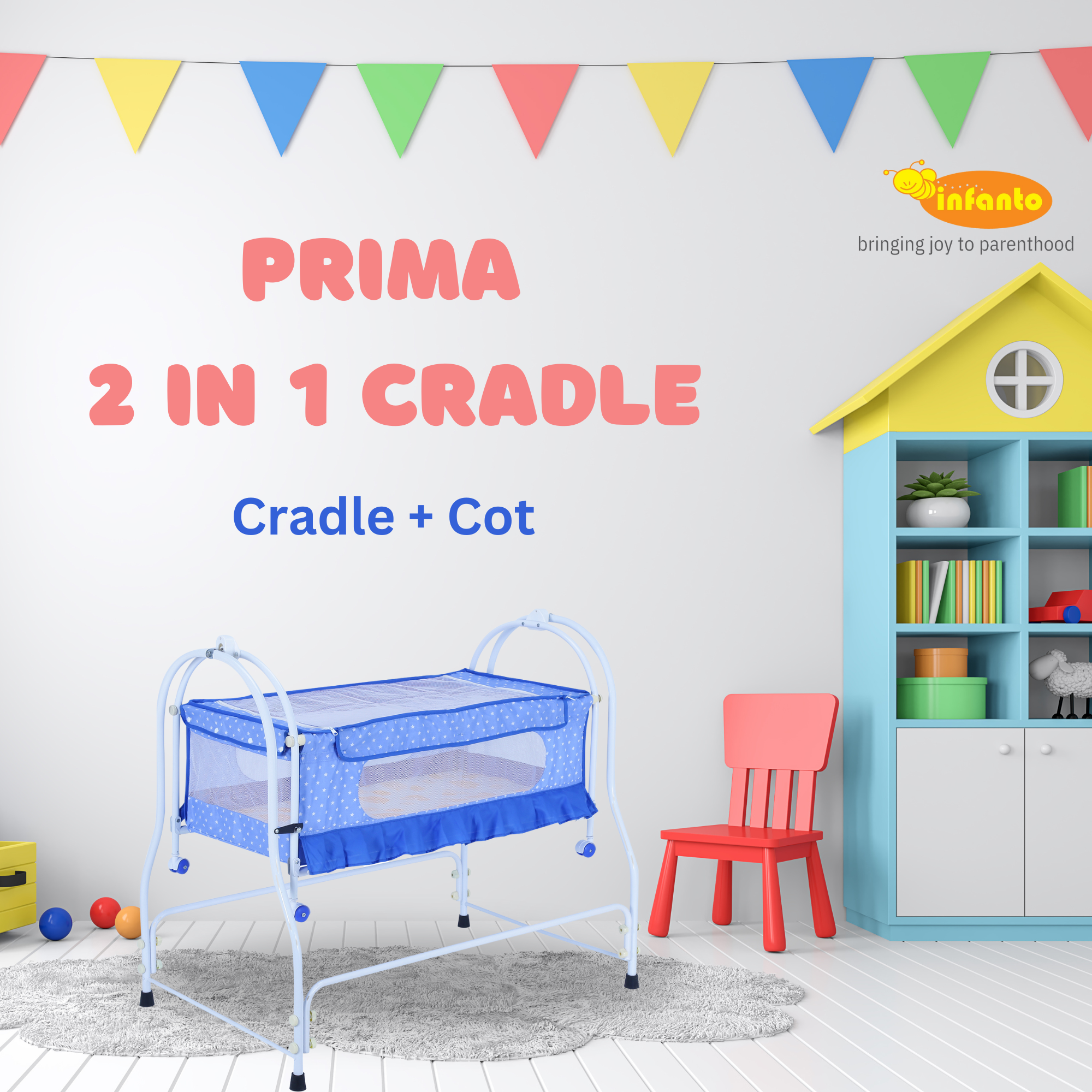 INFANTO Prima 2 in 1 Cradle for Babies | Palna | Jhula - Sturdy Metal Frame