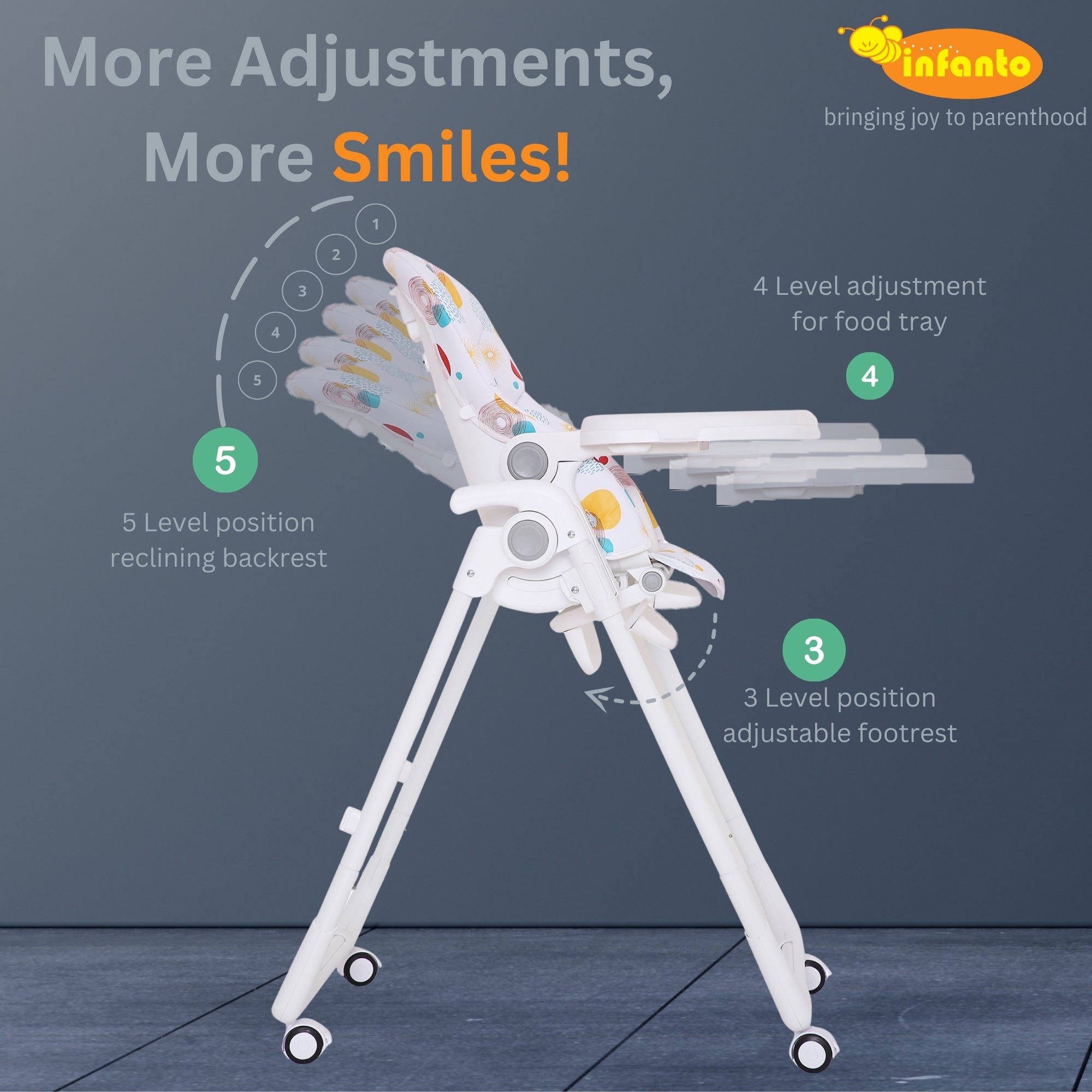 Infanto Adjustable High Chair for Baby | Comfortable Feeding Chair for Baby 6 Months to 36 Months | Foldable & Portable High Chair with Tray | Convertible Baby High Chair for Toddlers & Kids