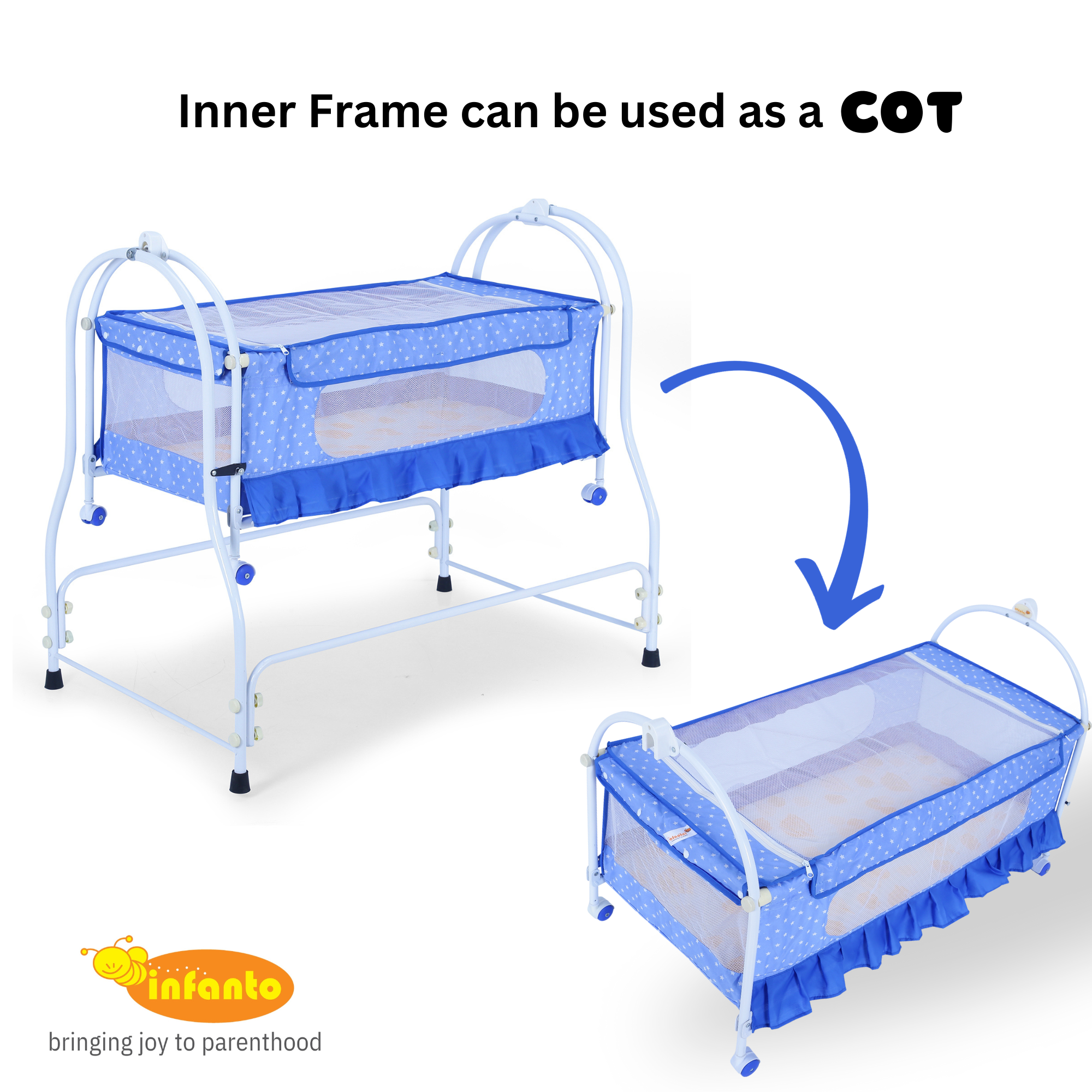 INFANTO Prima 2 in 1 Cradle for Babies | Palna | Jhula - Sturdy Metal Frame