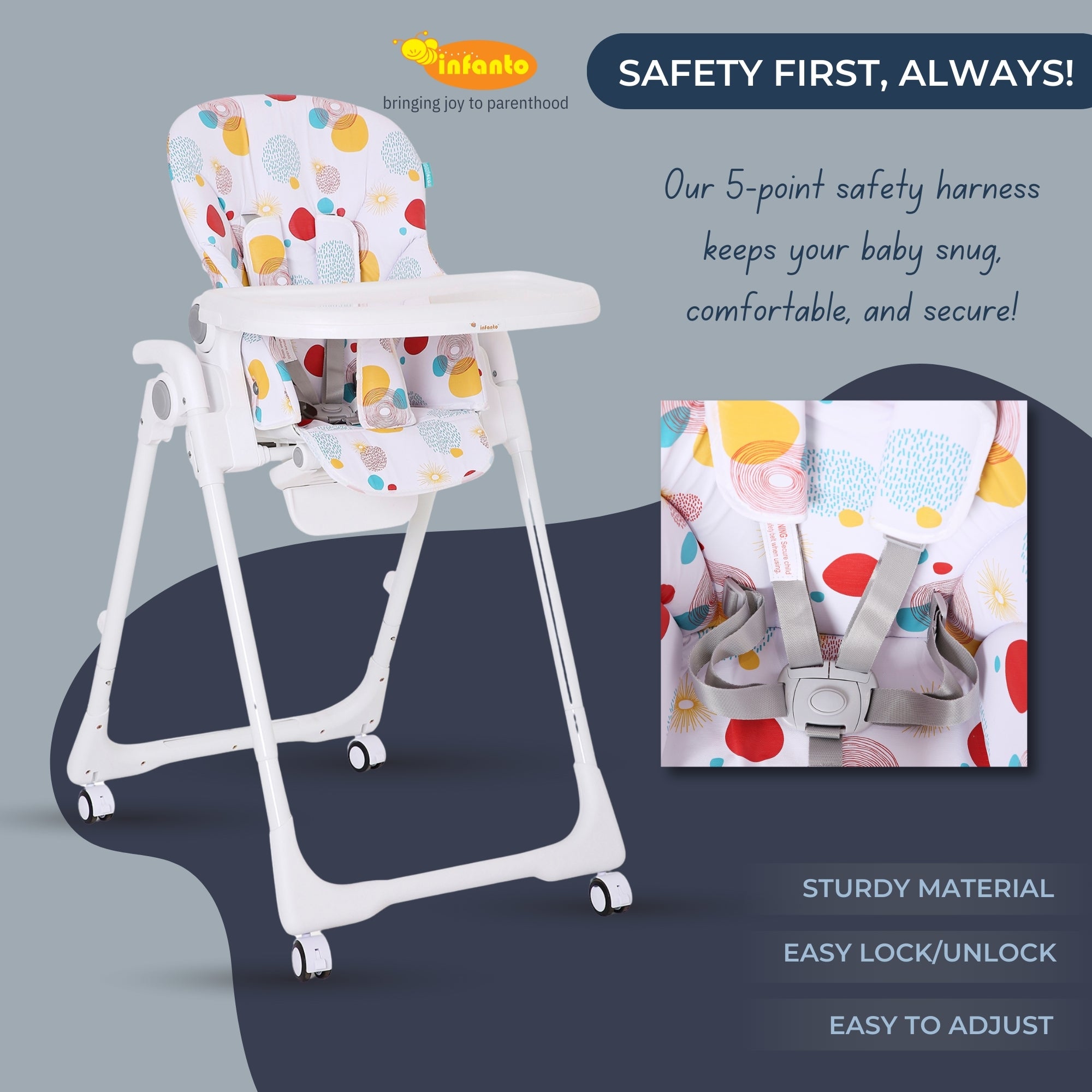 Infanto Adjustable High Chair for Baby | Comfortable Feeding Chair for Baby 6 Months to 36 Months | Foldable & Portable High Chair with Tray | Convertible Baby High Chair for Toddlers & Kids