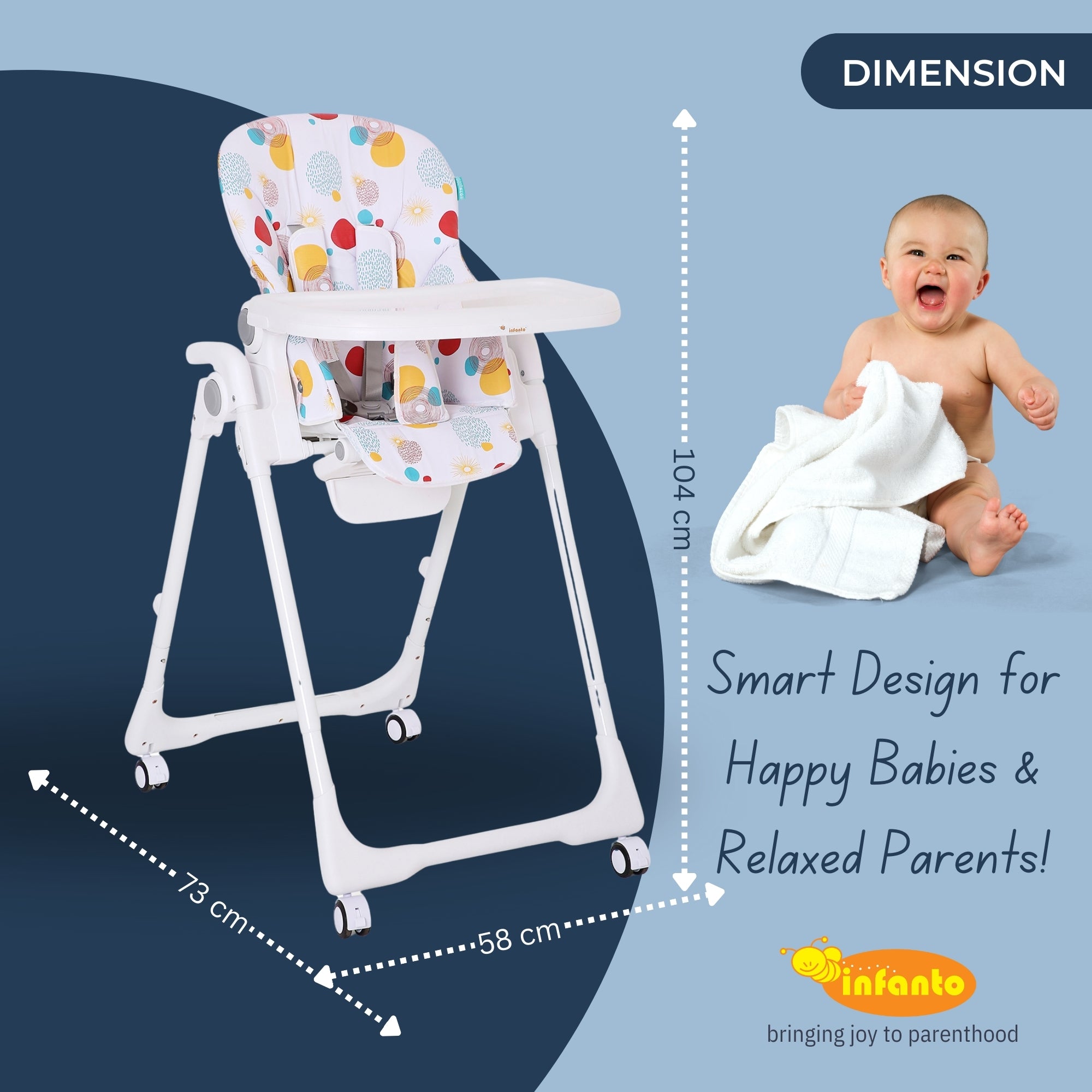 Infanto Adjustable High Chair for Baby | Comfortable Feeding Chair for Baby 6 Months to 36 Months | Foldable & Portable High Chair with Tray | Convertible Baby High Chair for Toddlers & Kids