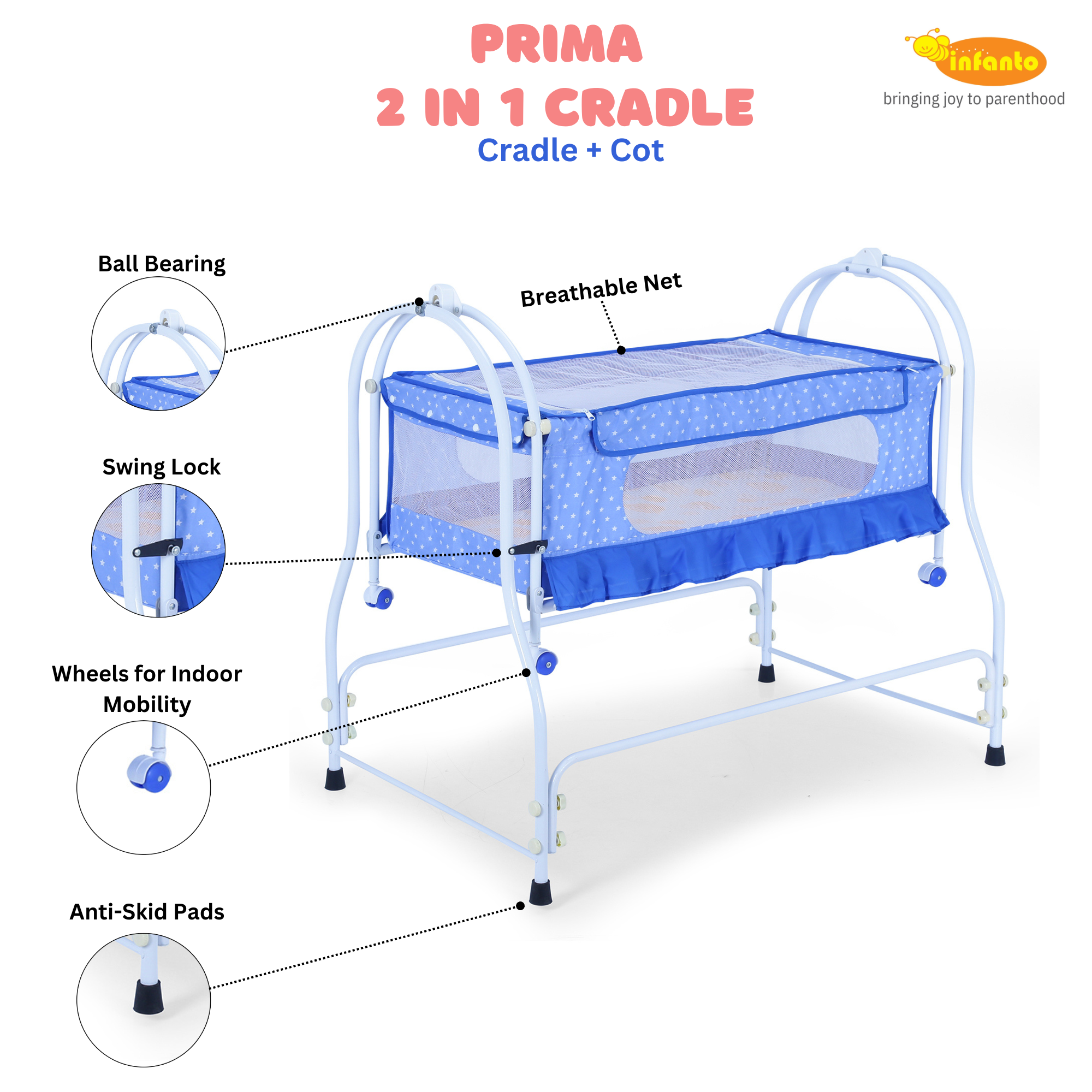 INFANTO Prima 2 in 1 Cradle for Babies | Palna | Jhula - Sturdy Metal Frame