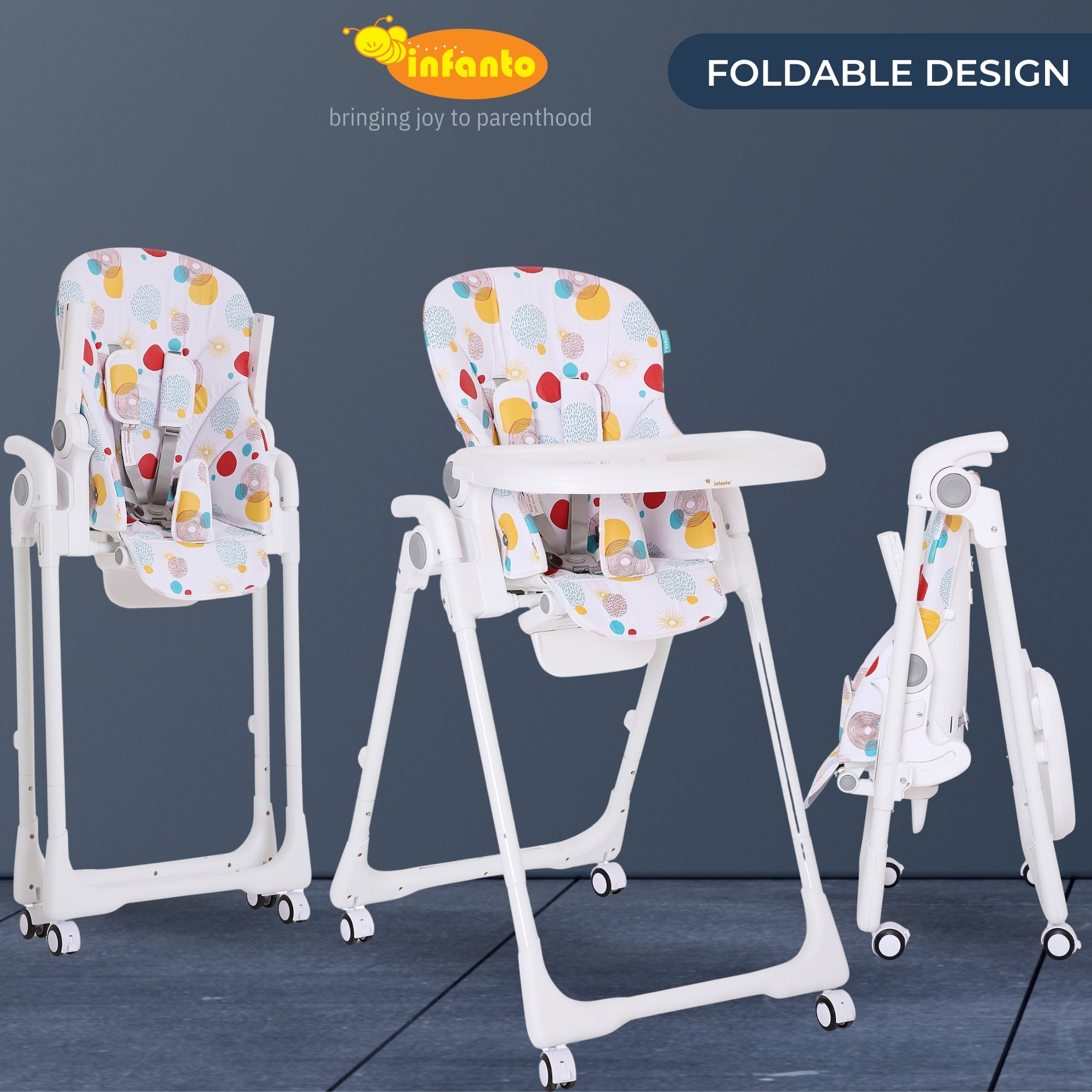 Infanto Adjustable High Chair for Baby | Comfortable Feeding Chair for Baby 6 Months to 36 Months | Foldable &amp; Portable High Chair with Tray | Convertible Baby High Chair for Toddlers &amp; Kids